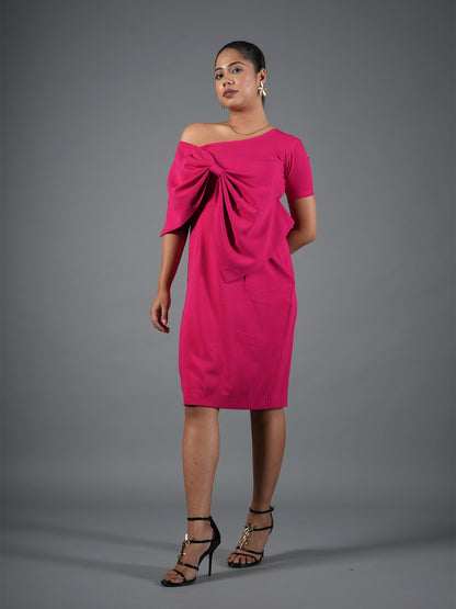 Fuchsia Pink Drape Bow Sheath Dress