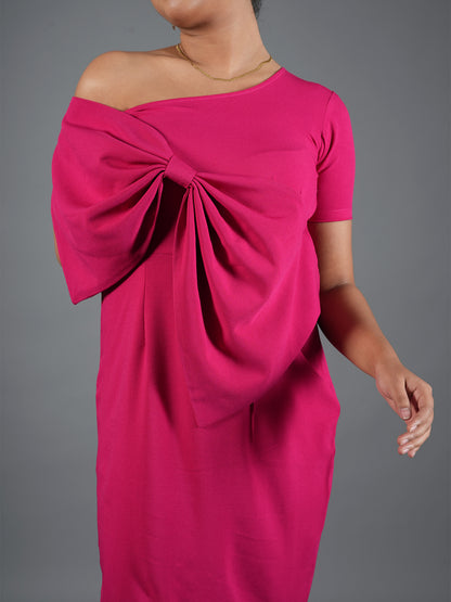 Fuchsia Pink Drape Bow Sheath Dress