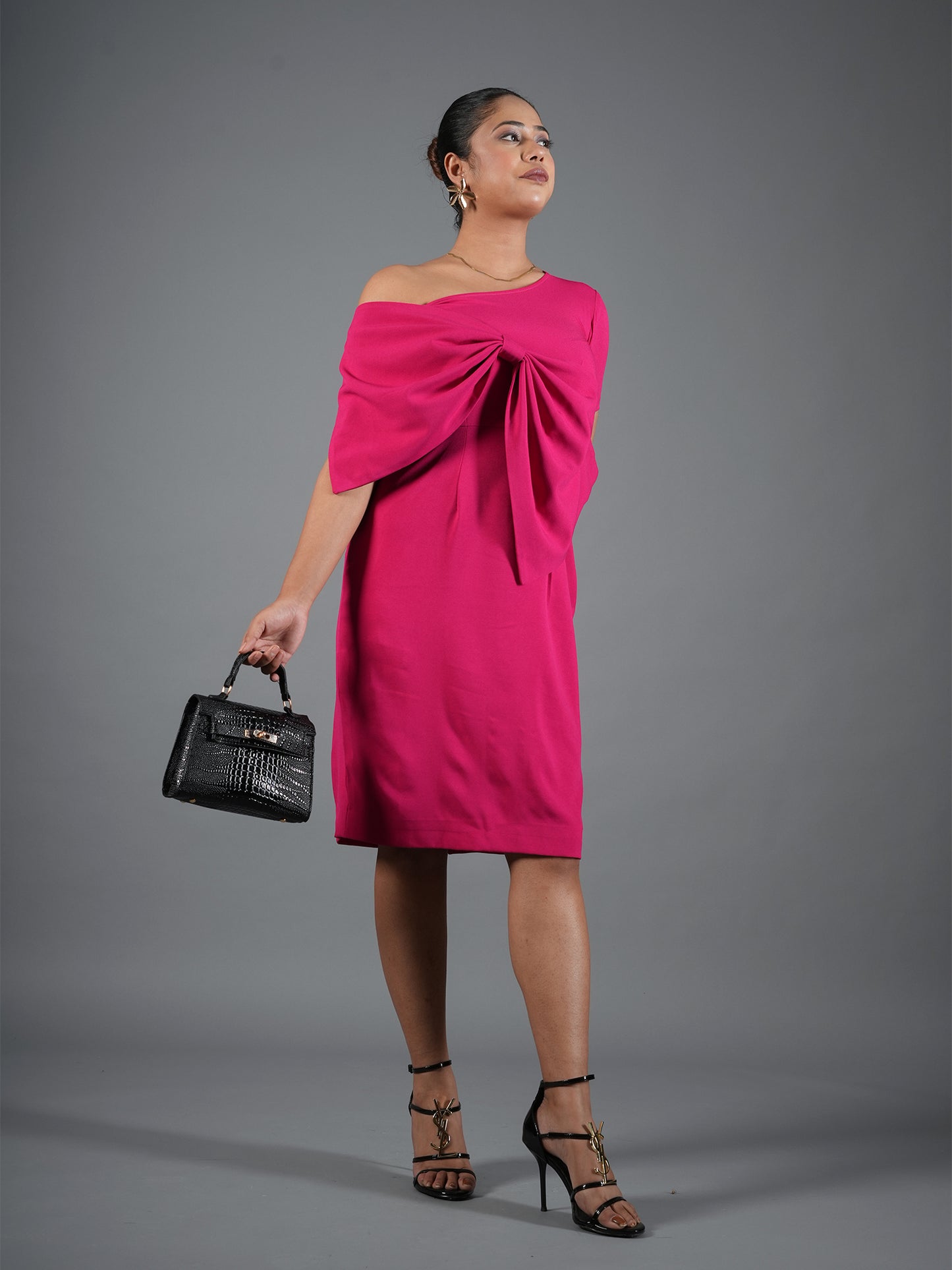 Fuchsia Pink Drape Bow Sheath Dress
