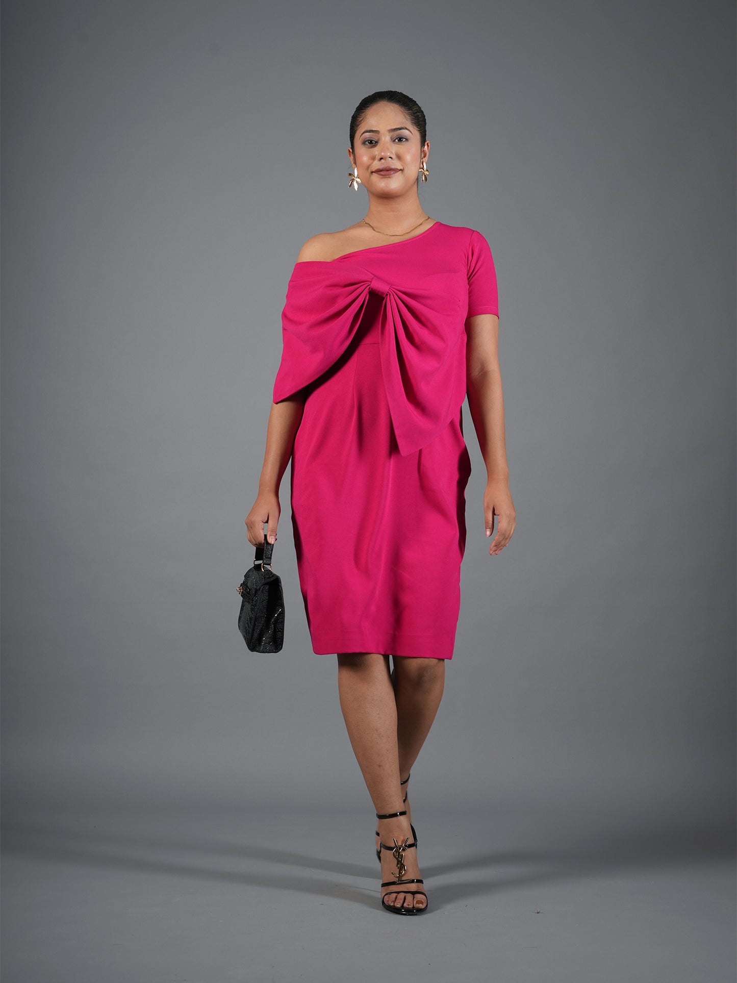 Fuchsia Pink Drape Bow Sheath Dress