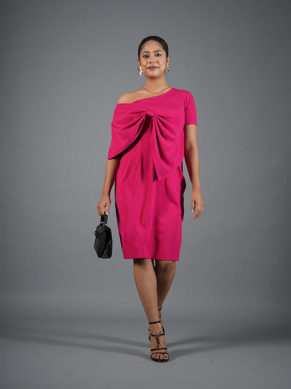 Fuchsia Pink Drape Bow Sheath Dress