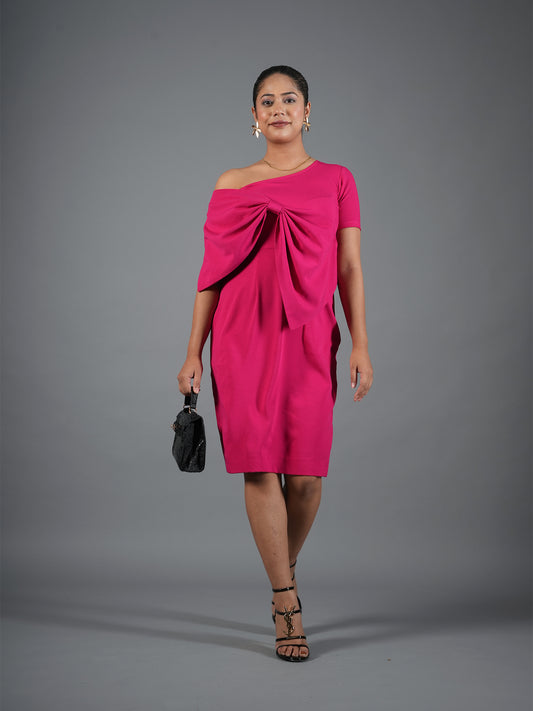 Fuchsia Pink Drape Bow Sheath Dress