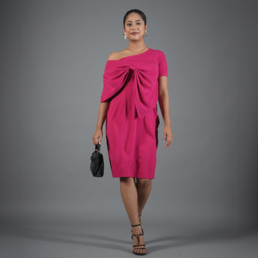 Fuchsia Pink Drape Bow Sheath Dress
