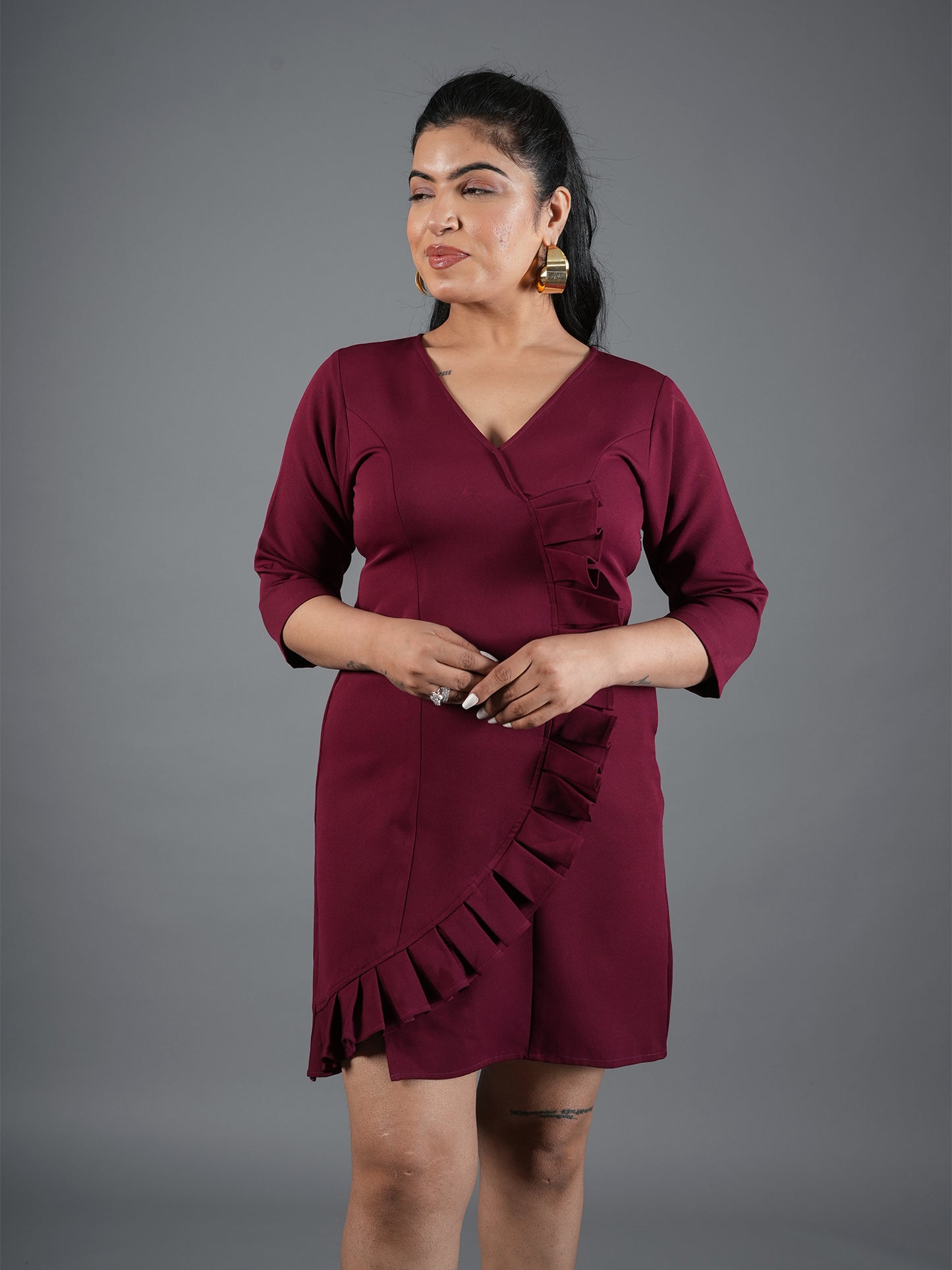 mehroon Ruffle Wrap Mini Dress
