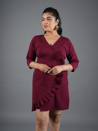 mehroon Ruffle Wrap Mini Dress