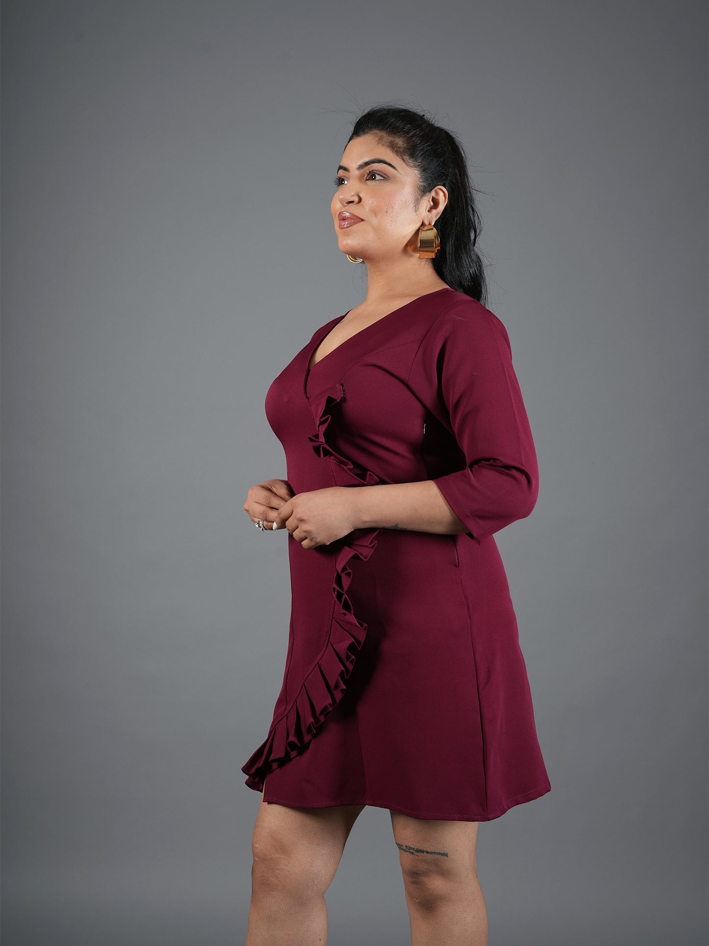 mehroon Ruffle Wrap Mini Dress