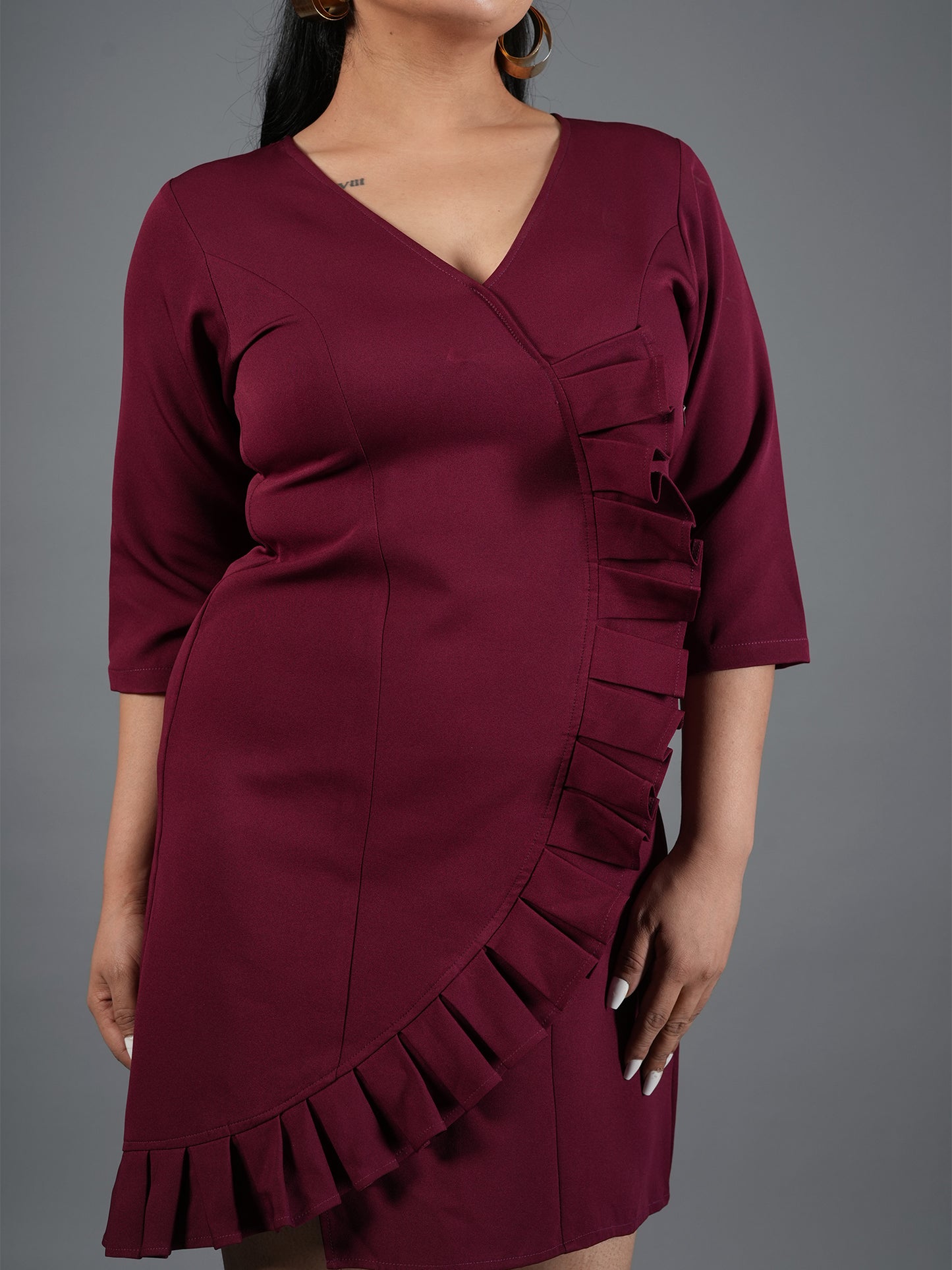 mehroon Ruffle Wrap Mini Dress