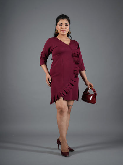 mehroon Ruffle Wrap Mini Dress