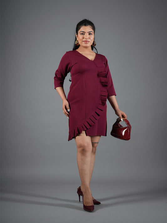 mehroon Ruffle Wrap Mini Dress