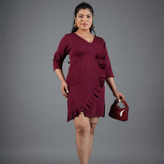 mehroon Ruffle Wrap Mini Dress