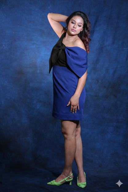 Royal Blue & Black One-Shoulder Bow Mini Dress.