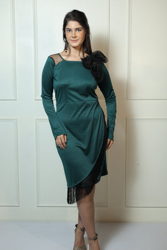 Bottle Green Fringe Flower Dress