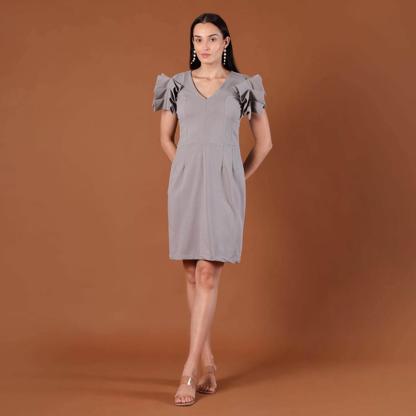 Grey V-Neck Ruffle Cap-Sleeve Mini Dress