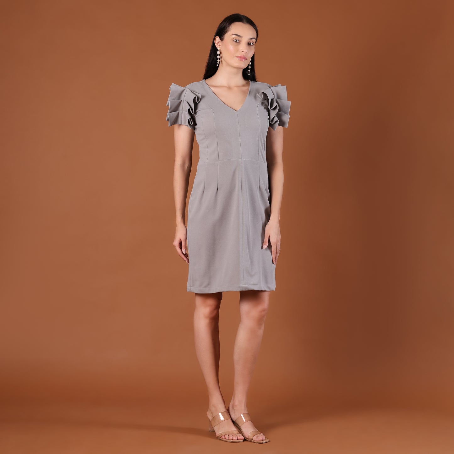Grey V-Neck Ruffle Cap-Sleeve Mini Dress