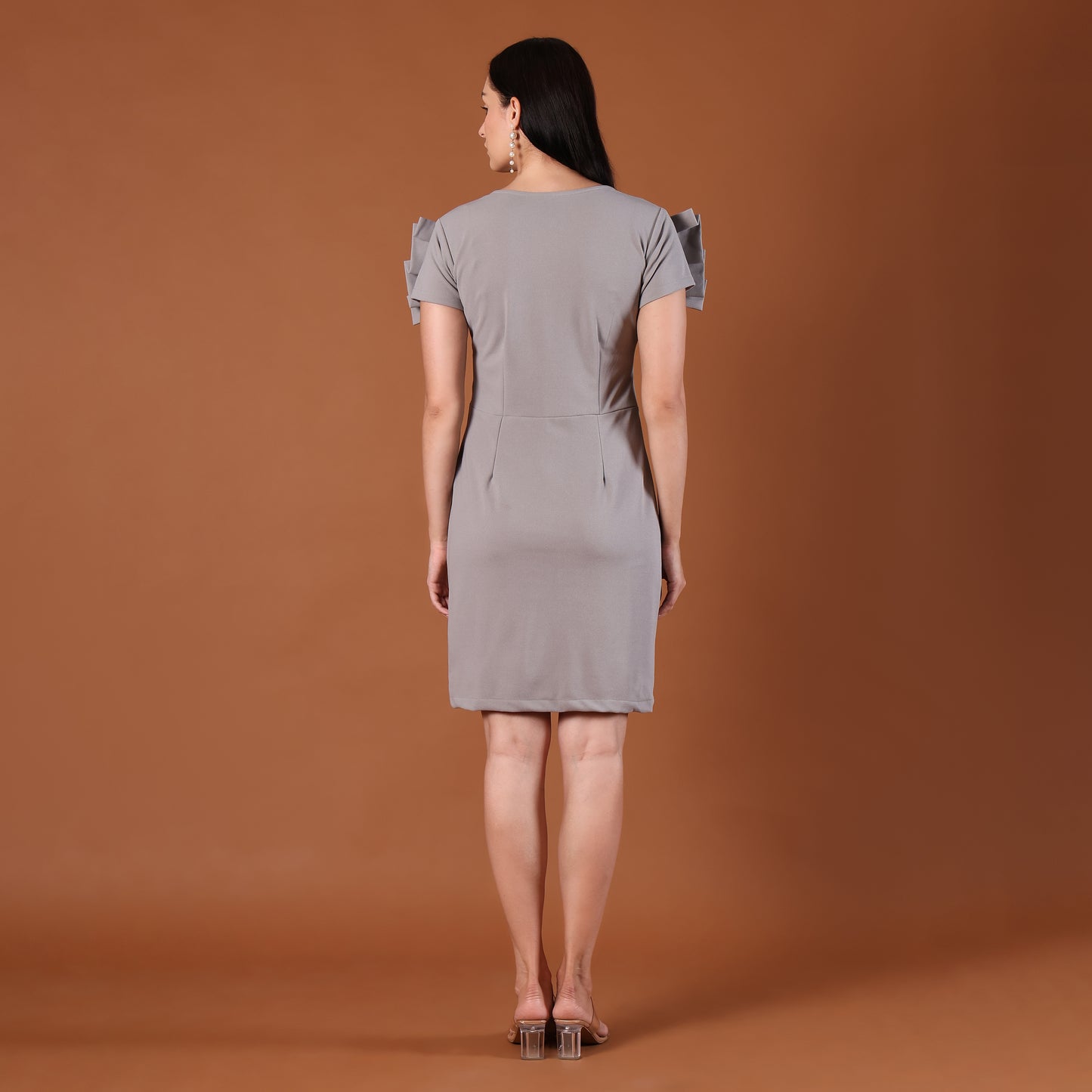 Grey V-Neck Ruffle Cap-Sleeve Mini Dress