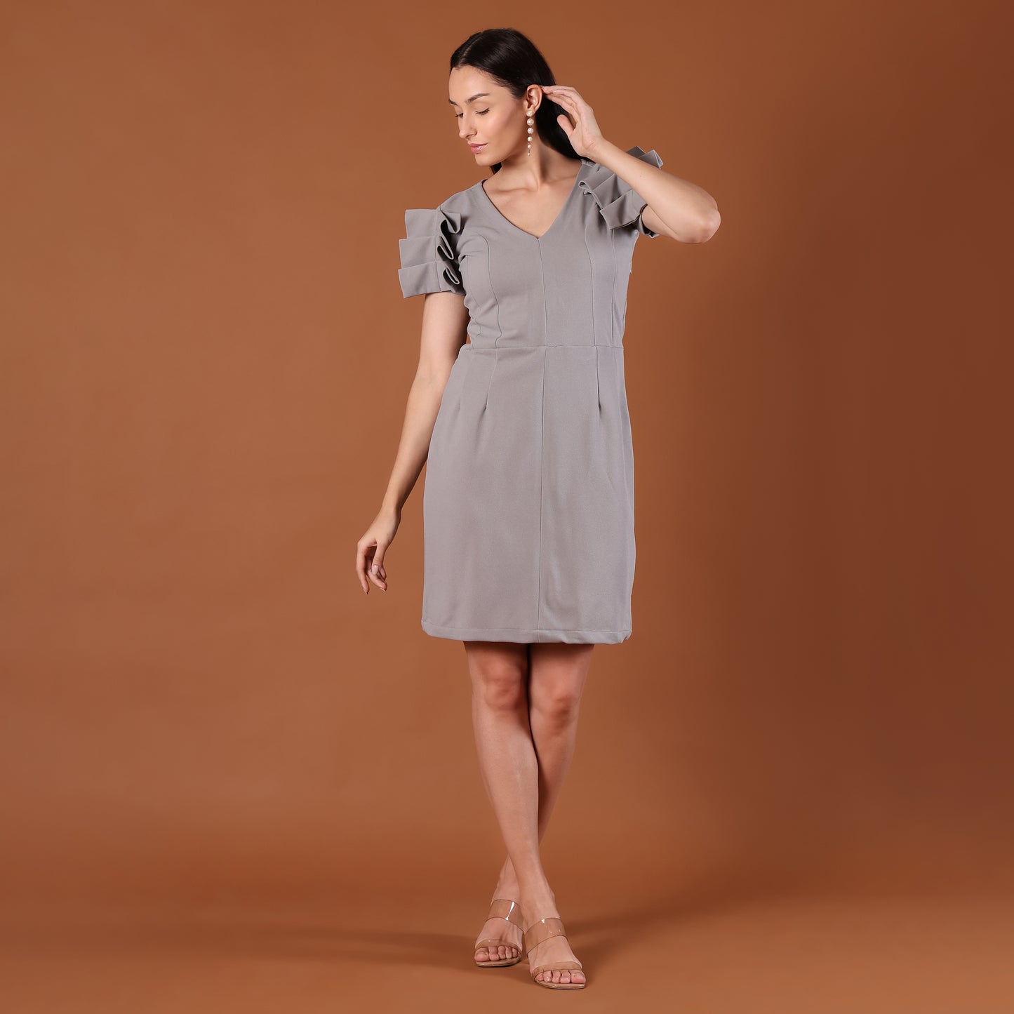 Grey V-Neck Ruffle Cap-Sleeve Mini Dress
