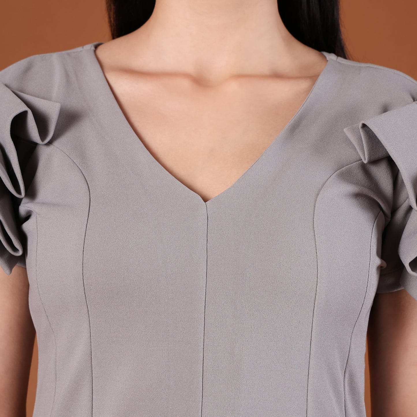 Grey V-Neck Ruffle Cap-Sleeve Mini Dress