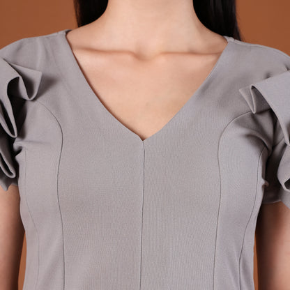 Grey V-Neck Ruffle Cap-Sleeve Mini Dress