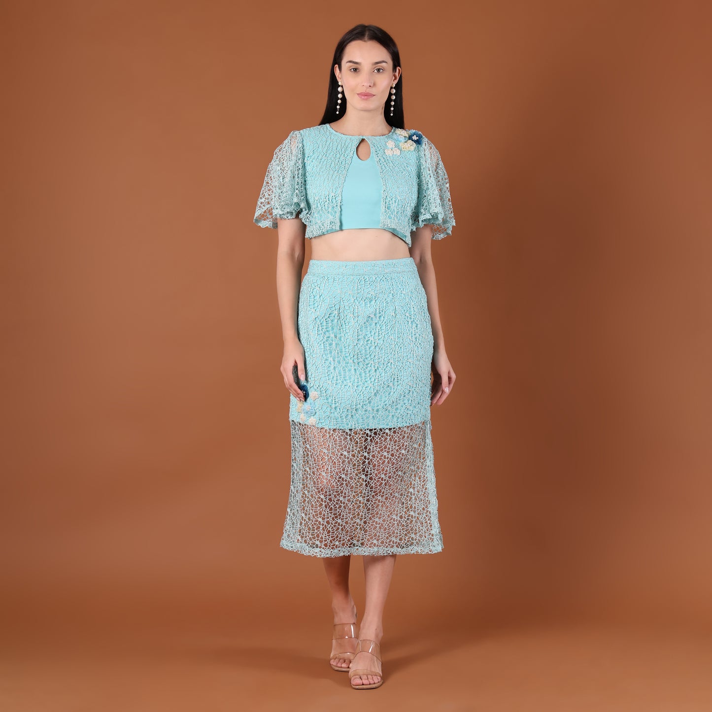 Aqua Lace 3D Floral Appliqué Co-Ord Set