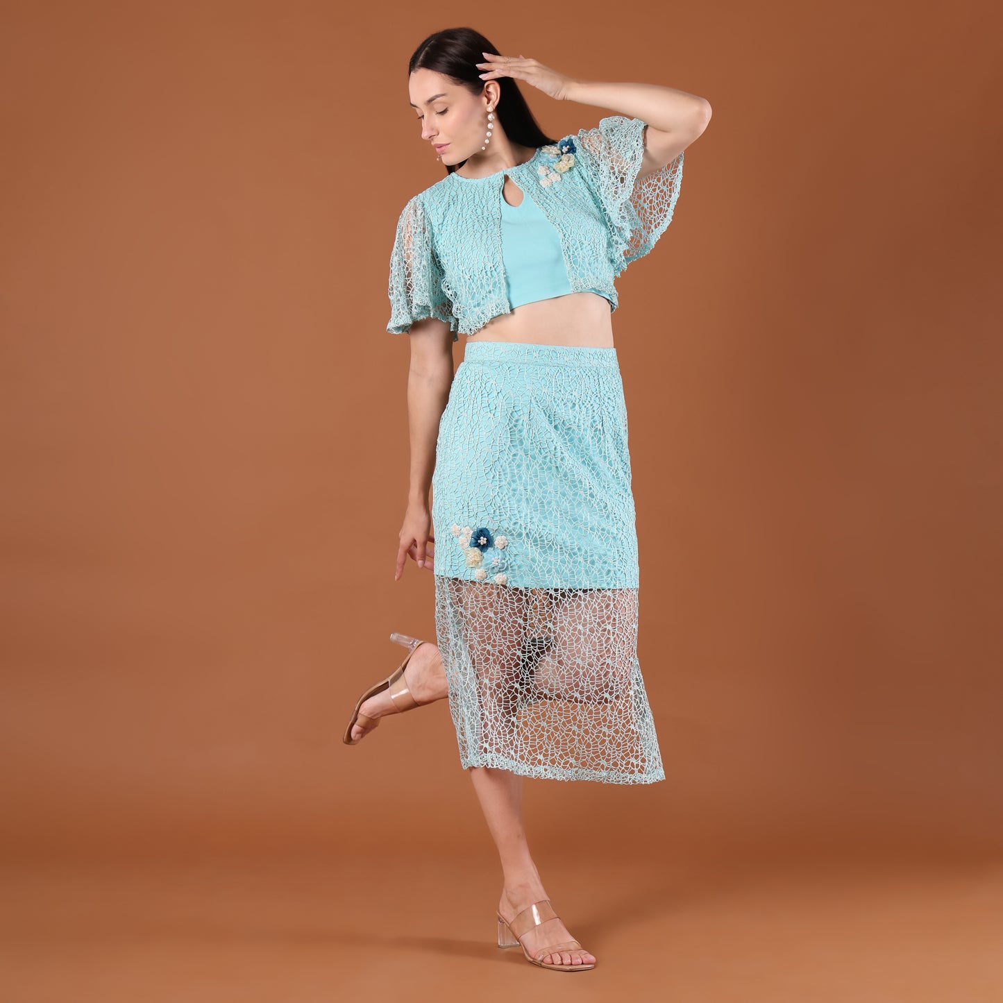 Aqua Lace 3D Floral Appliqué Co-Ord Set