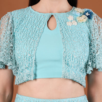 Aqua Lace 3D Floral Appliqué Co-Ord Set