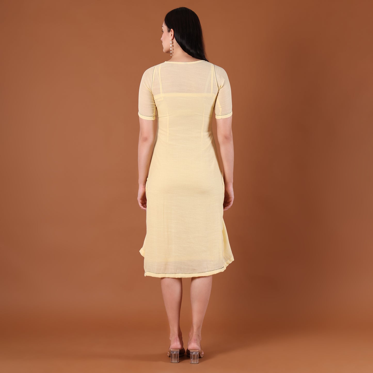 Lemon Yellow A-Line Midi Dress with Patch Pockets