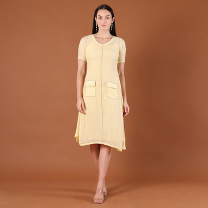 Lemon Yellow A-Line Midi Dress with Patch Pockets