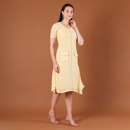 Lemon Yellow A-Line Midi Dress with Patch Pockets