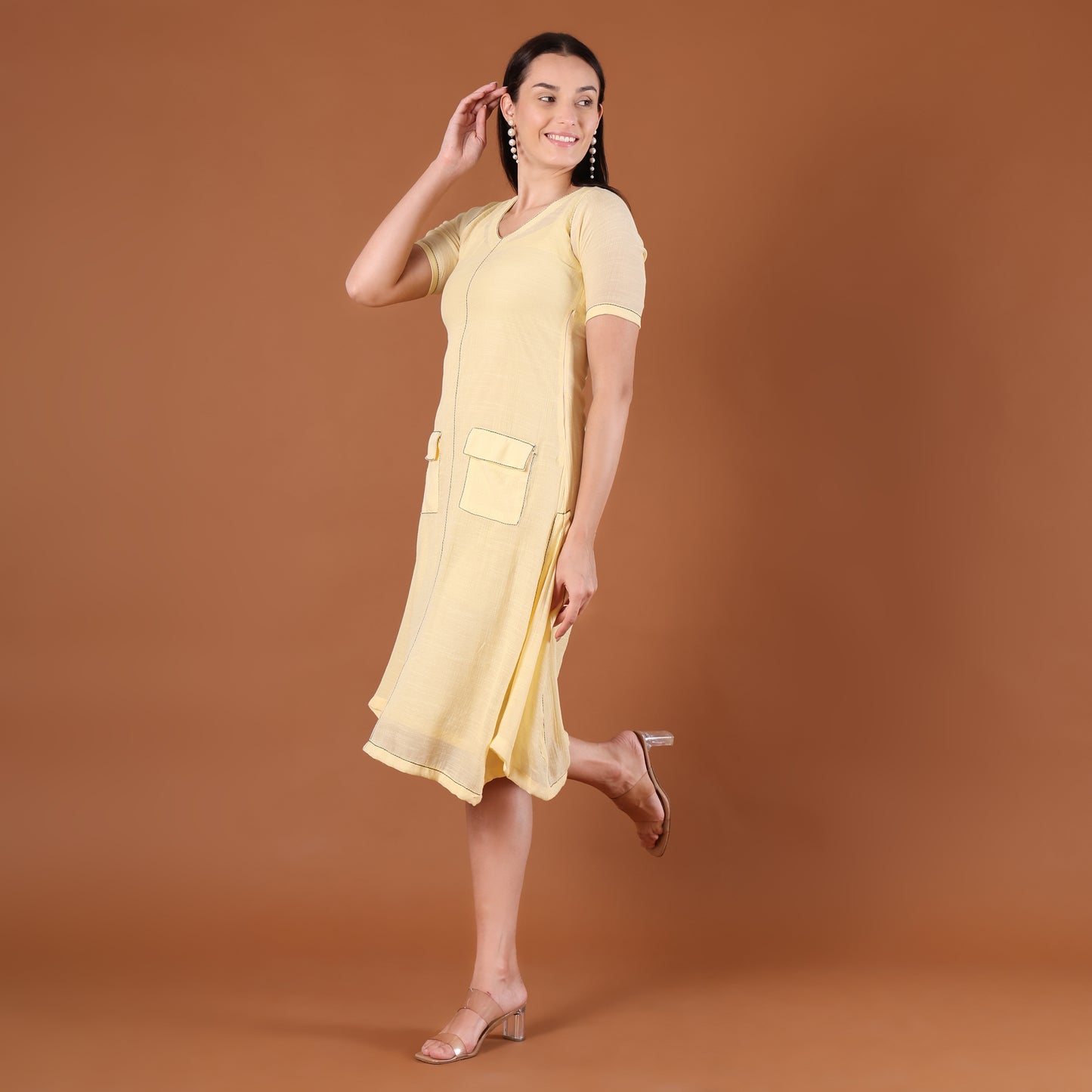 Lemon Yellow A-Line Midi Dress with Patch Pockets