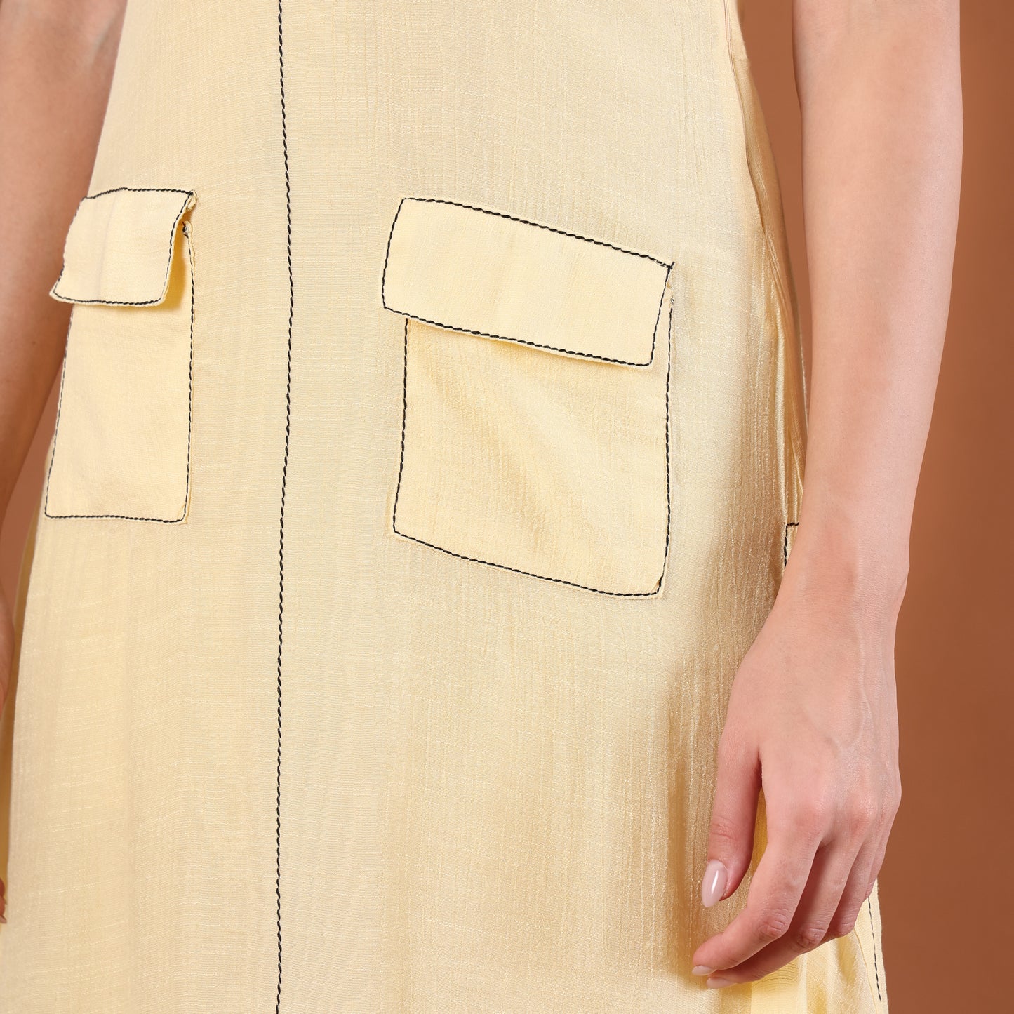 Lemon Yellow A-Line Midi Dress with Patch Pockets