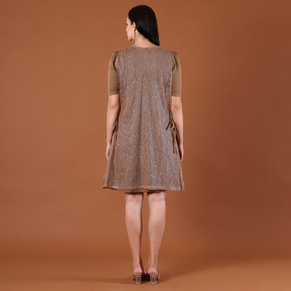 Olive Sequin A-Line Mini Dress with 3D Floral Appliqués
