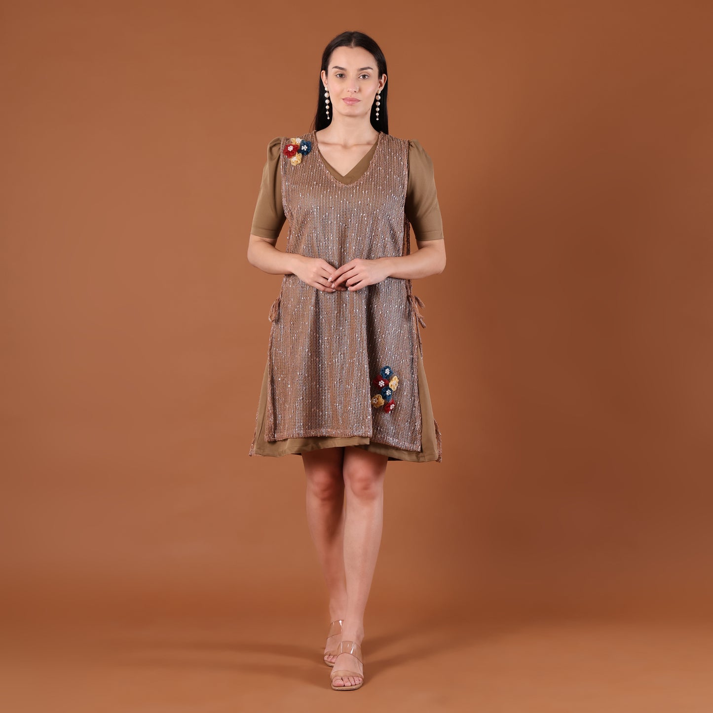 Olive Sequin A-Line Mini Dress with 3D Floral Appliqués