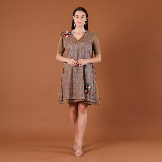 Olive Sequin A-Line Mini Dress with 3D Floral Appliqués