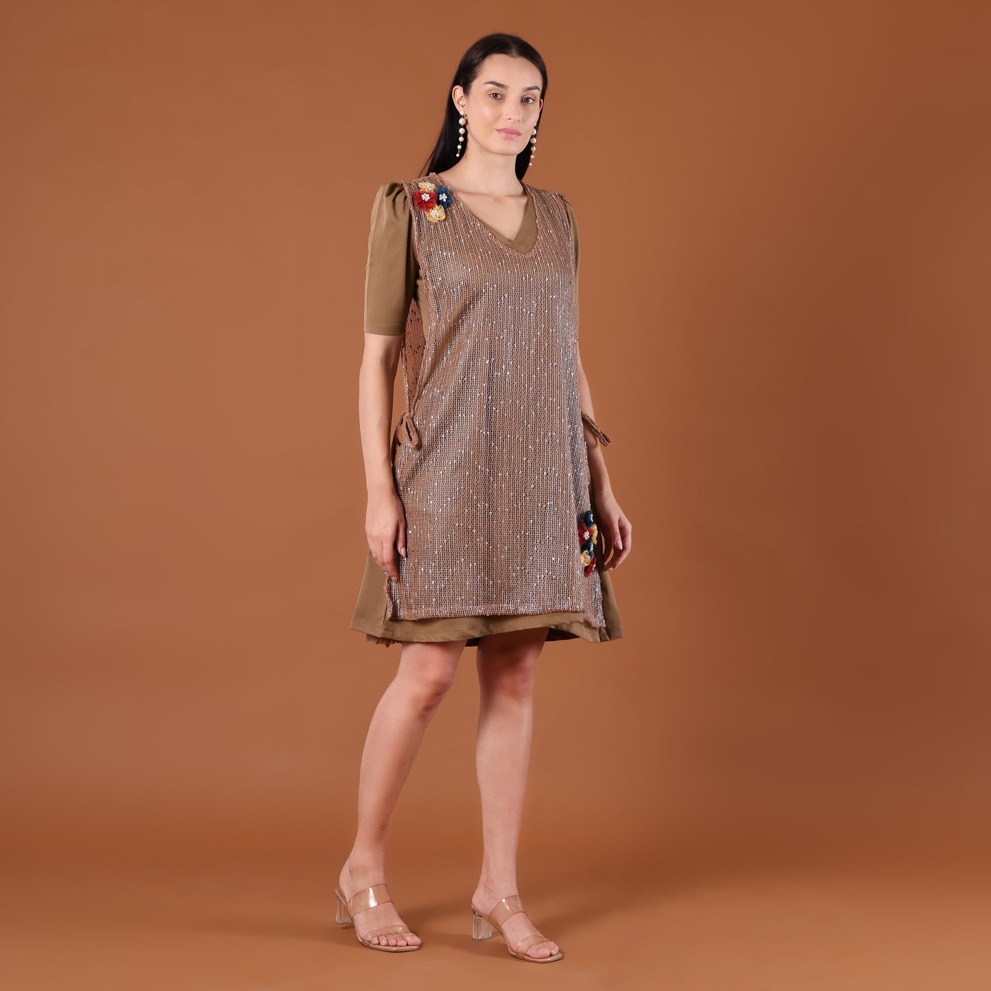Olive Sequin A-Line Mini Dress with 3D Floral Appliqués
