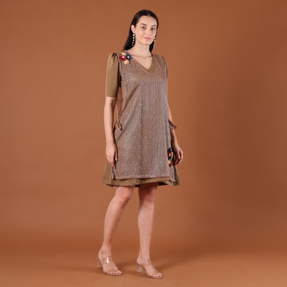 Olive Sequin A-Line Mini Dress with 3D Floral Appliqués