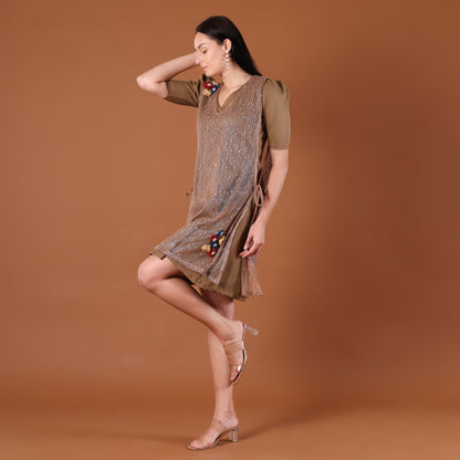 Olive Sequin A-Line Mini Dress with 3D Floral Appliqués