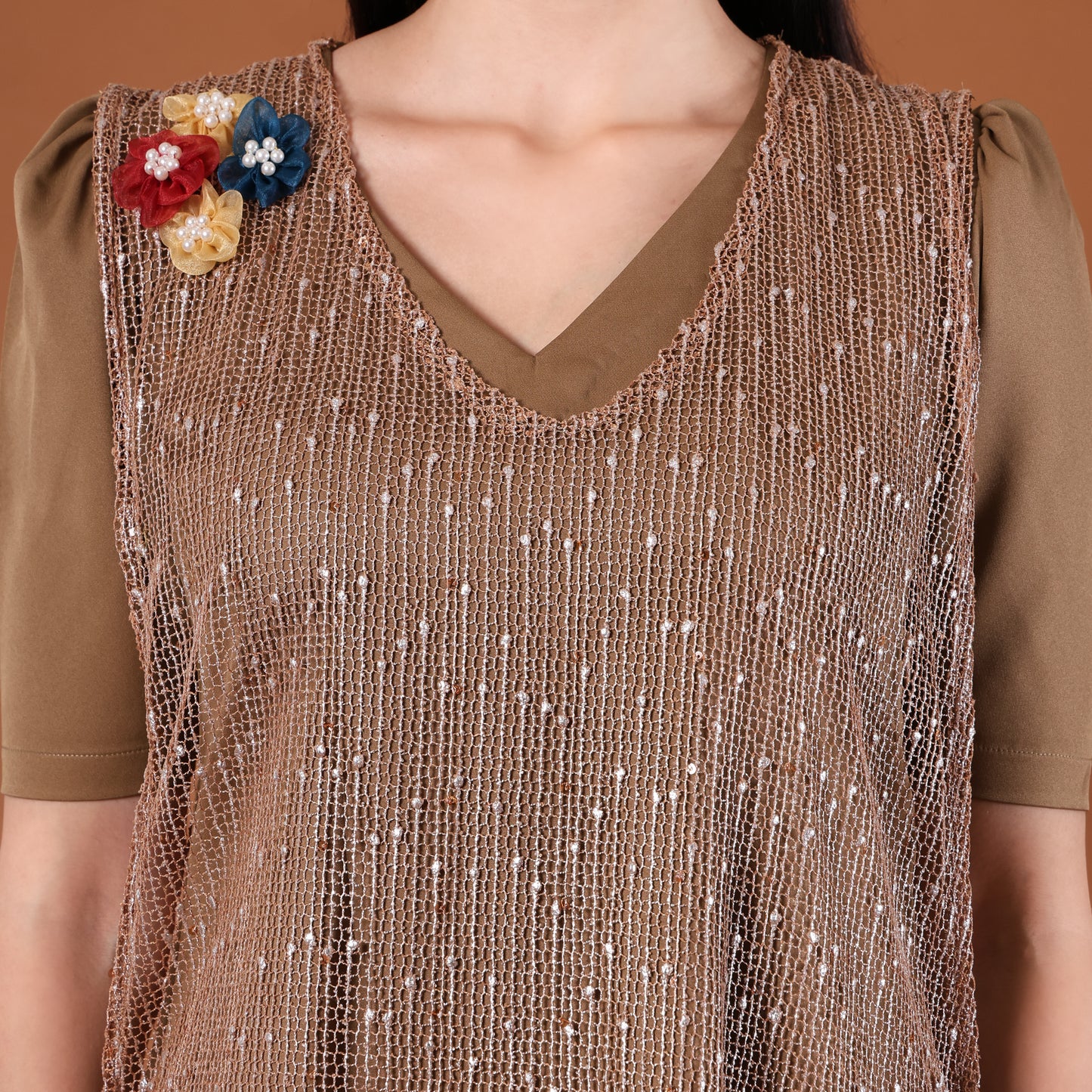 Olive Sequin A-Line Mini Dress with 3D Floral Appliqués