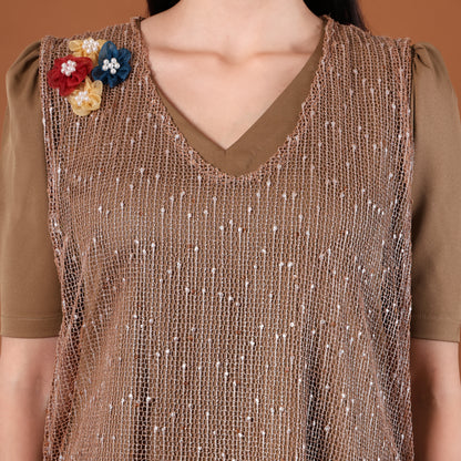 Olive Sequin A-Line Mini Dress with 3D Floral Appliqués