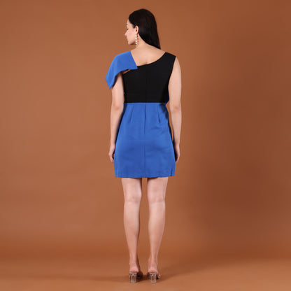 Blue & Black Colourblock Bow-Detail Mini Dress