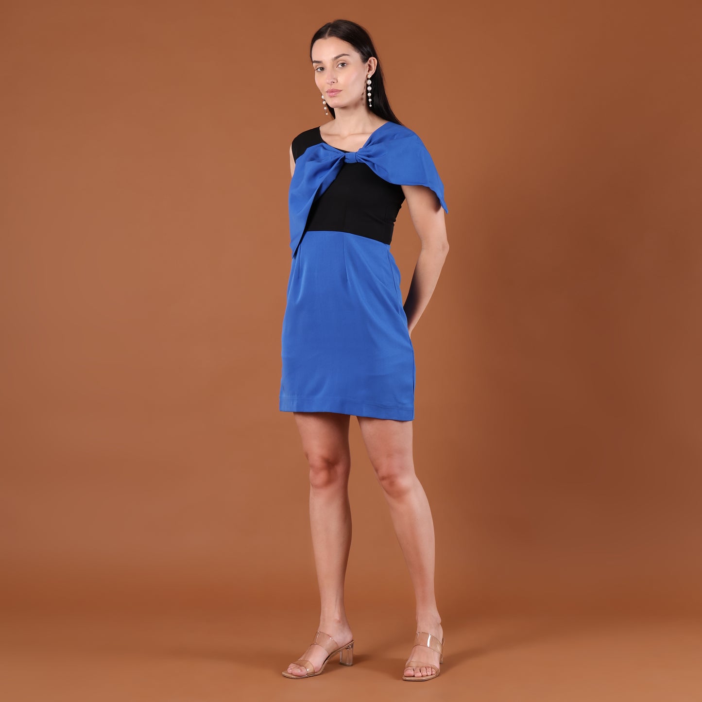Blue & Black Colourblock Bow-Detail Mini Dress