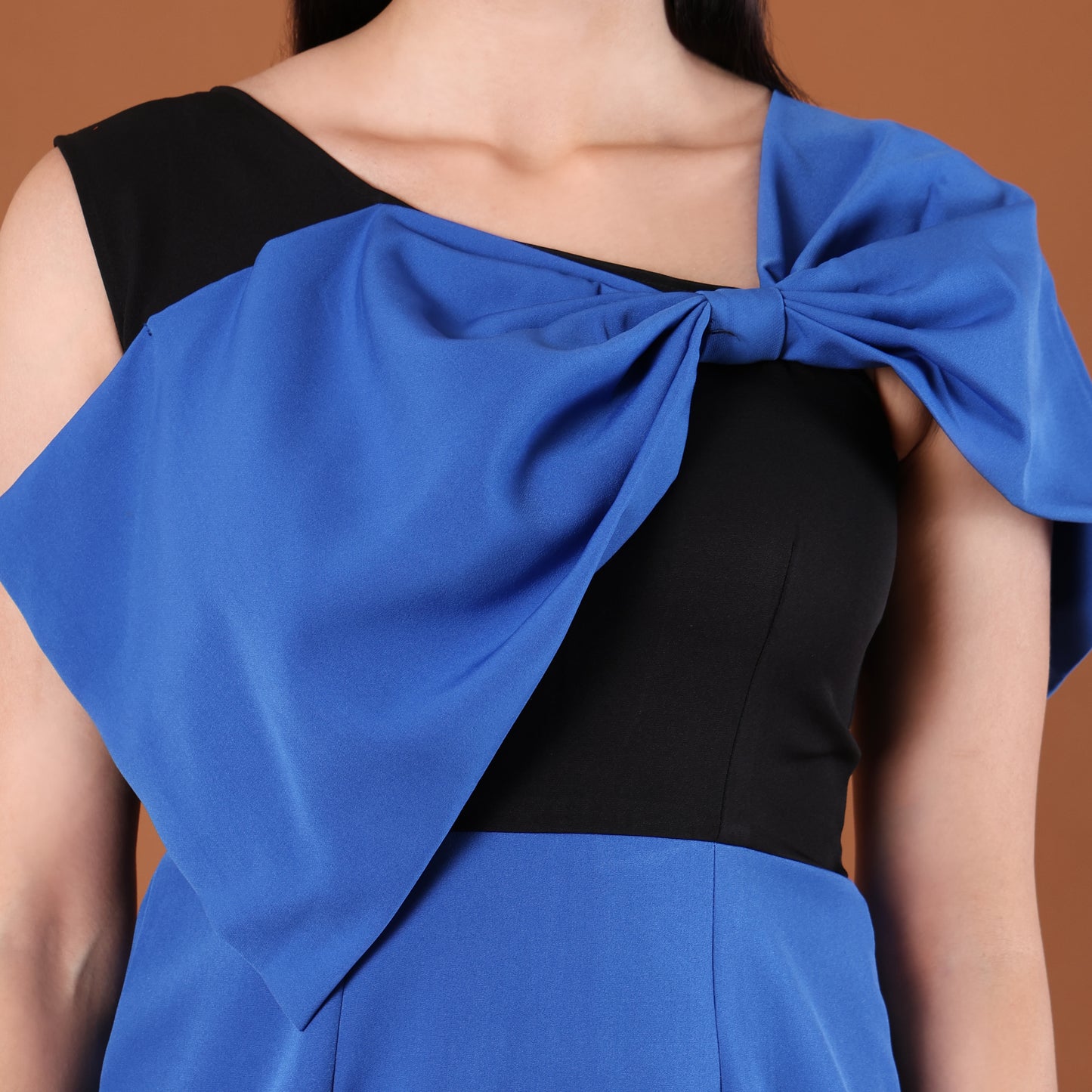 Blue & Black Colourblock Bow-Detail Mini Dress