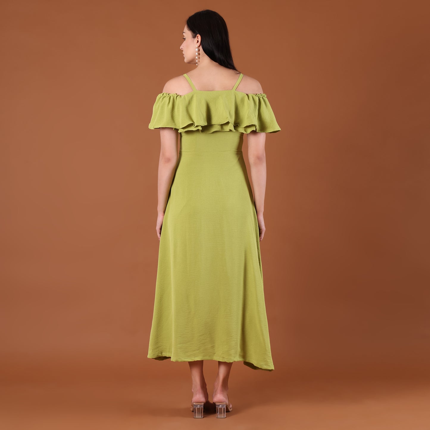 Lime Green Off-Shoulder Ruffle Midi Dress