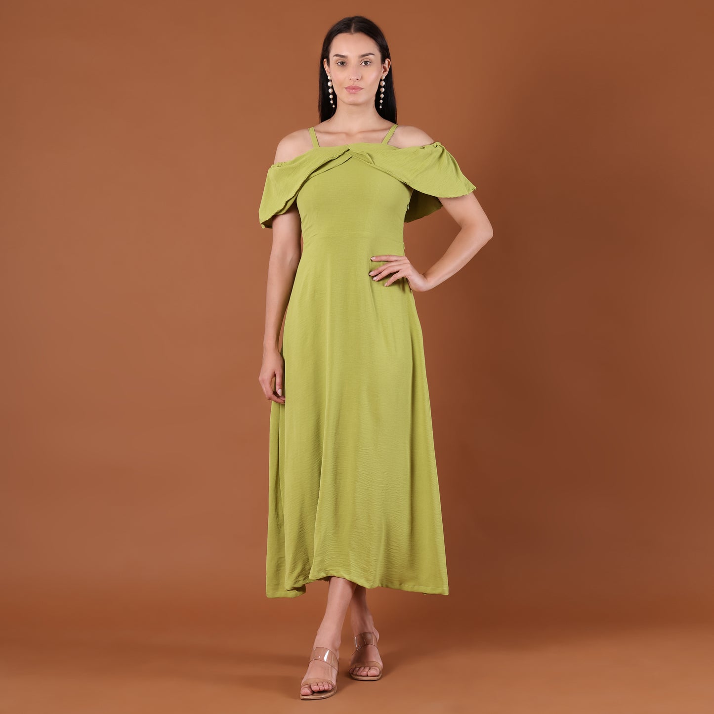 Lime Green Off-Shoulder Ruffle Midi Dress