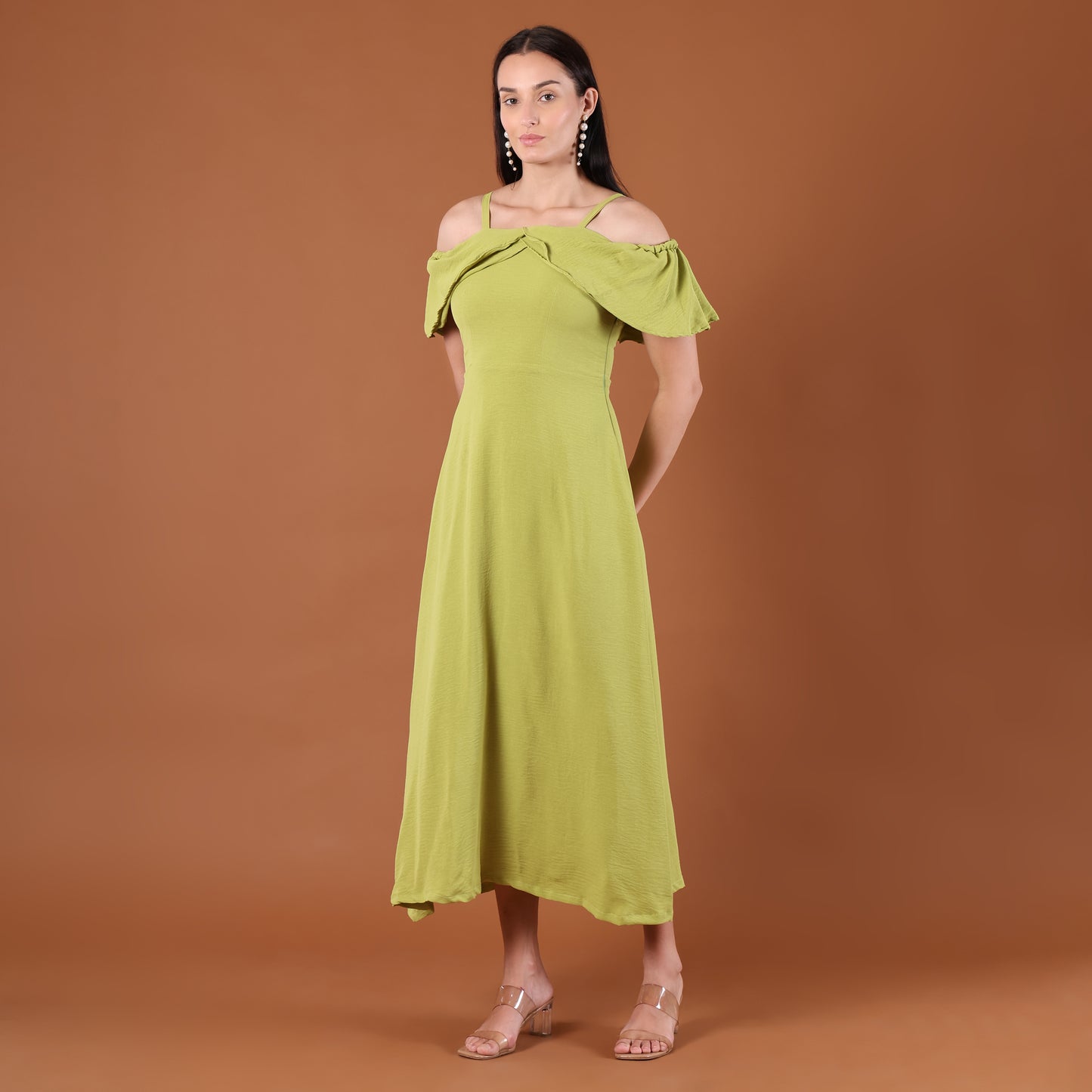 Lime Green Off-Shoulder Ruffle Midi Dress