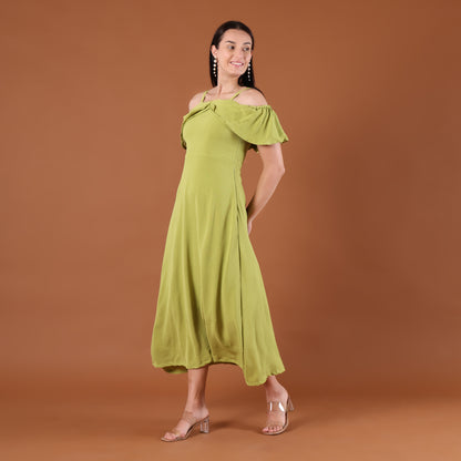 Lime Green Off-Shoulder Ruffle Midi Dress