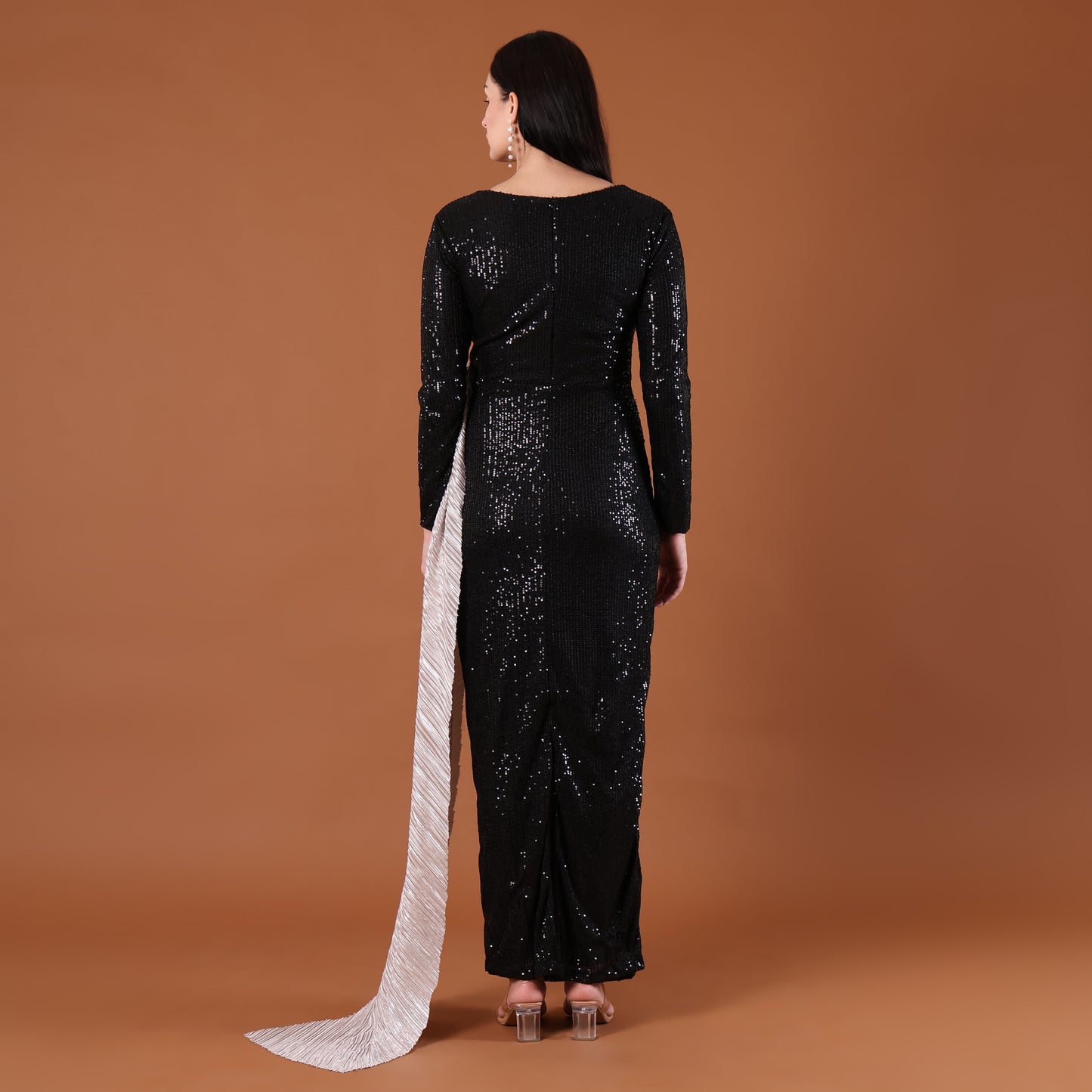 Black All-Over Sequin Maxi Dress with Silver Bow Sash