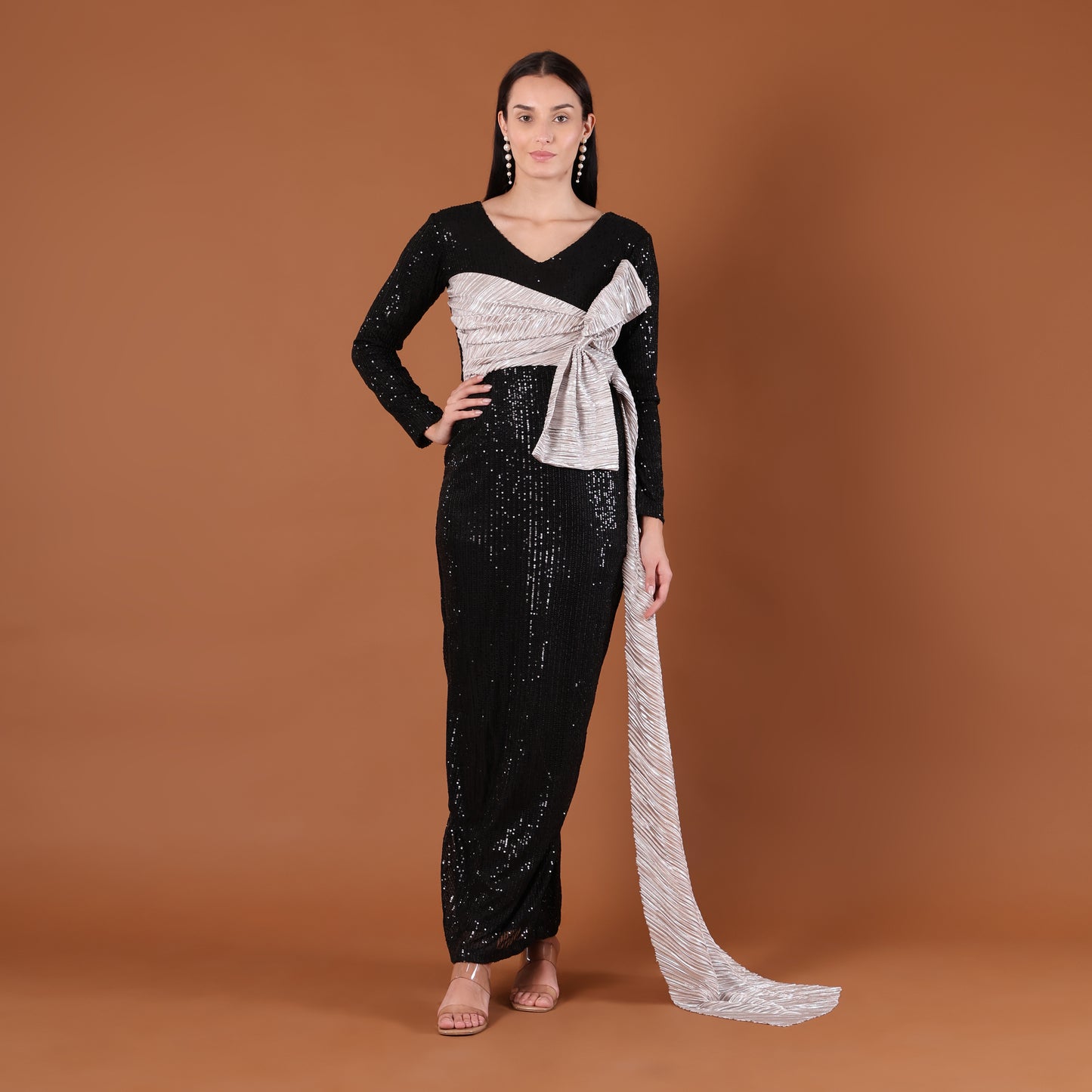 Black All-Over Sequin Maxi Dress with Silver Bow Sash