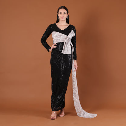 Black All-Over Sequin Maxi Dress with Silver Bow Sash