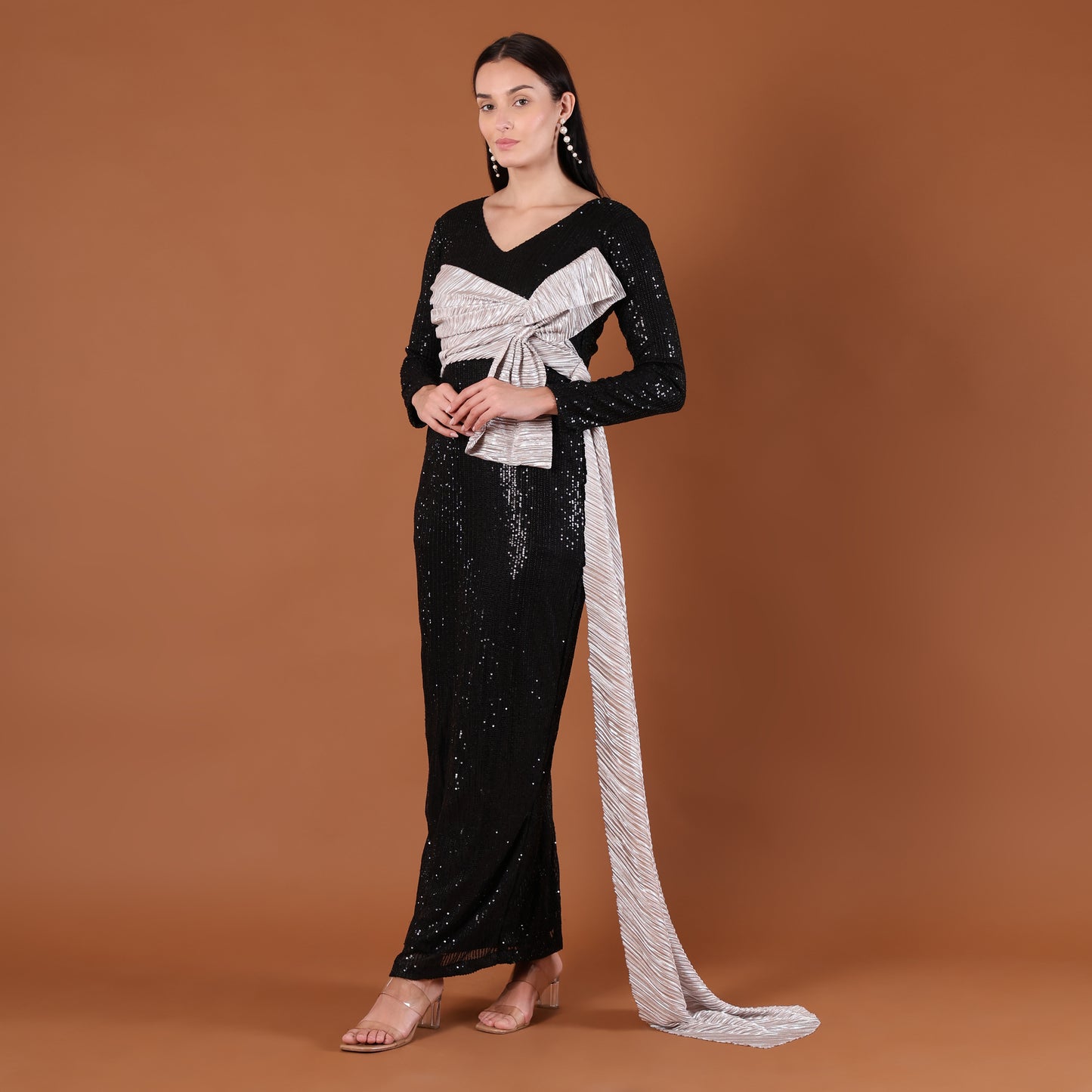 Black All-Over Sequin Maxi Dress with Silver Bow Sash