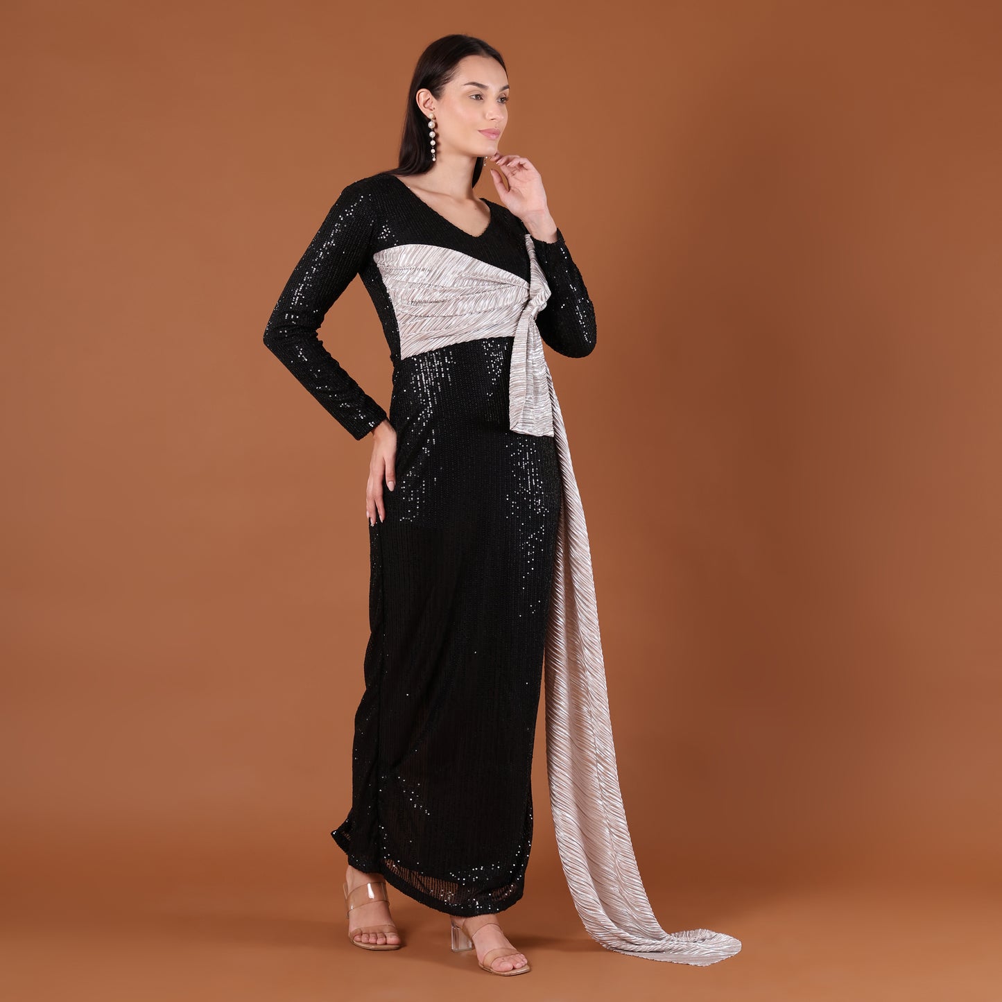 Black All-Over Sequin Maxi Dress with Silver Bow Sash